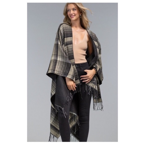 One size plaid ruana cardigan drape poncho - Picture 1 of 4